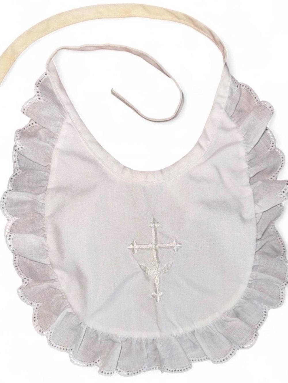 Alexis White Ruffle Bib with Cross Embroidery